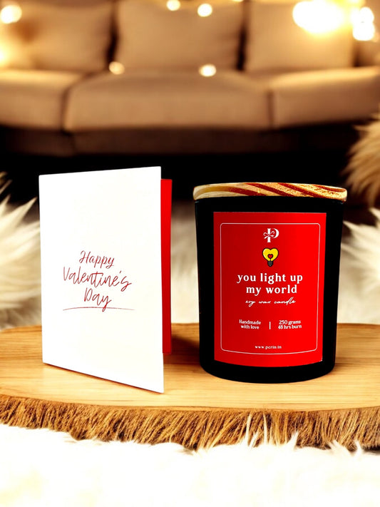 "You Light Up My World Scented Jar Candle & Greeting Card – Perfect Valentine's Day Gift"